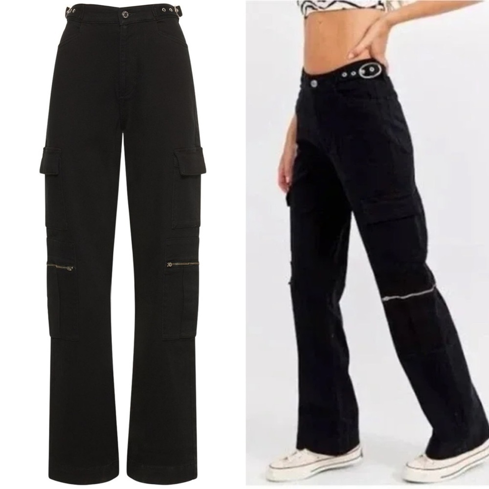 WeWoreWhat Utility Stretch Twill Denim Straight Leg Jean in Black with Buckle